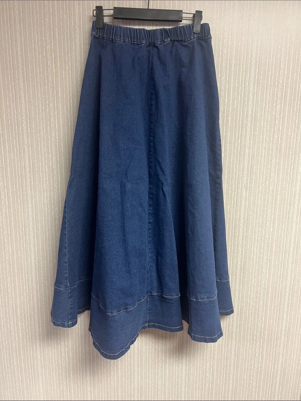 S Flying Tomato Dark Blue Paneled Denim Midi Skirt